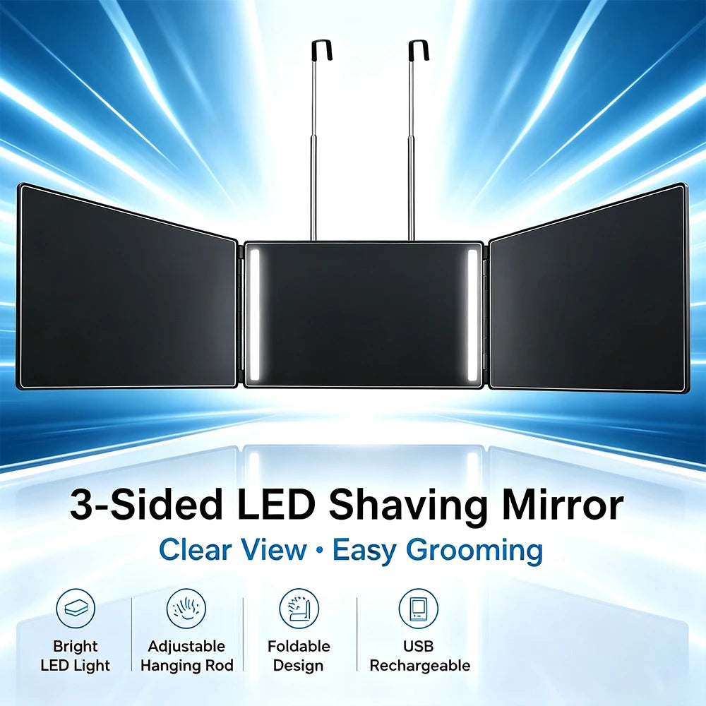 Black Portable 360 Mirror with Height Adjustable Telescoping Hooks Ideal for Self Hair Cutting Makeup Essential Fordable