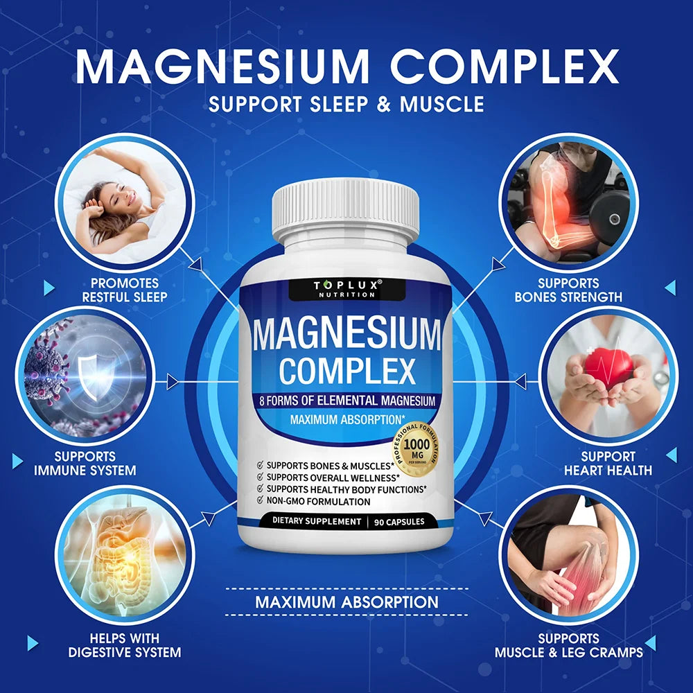 Magnesium Complex 1000MG Supplement - Magnesium Glycinate, Citrate & Malate - Sleep Support, Stress Relief, Muscles & Relaxation