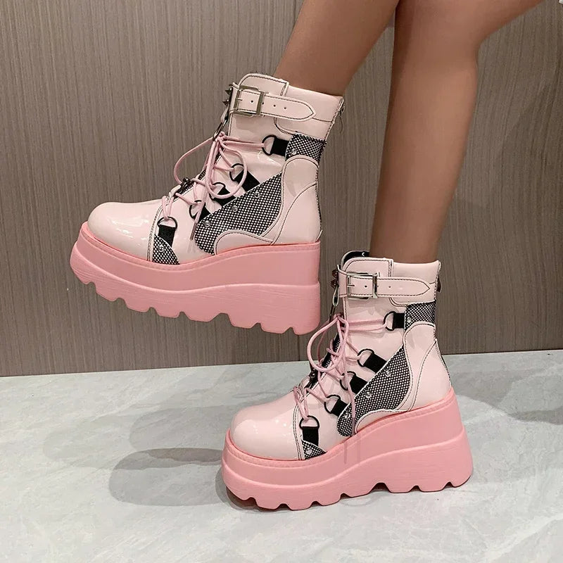 2025 New Design Women Punk Gothic Motorcycle Boots Platform Chunky High Heel Ankle Boot Ladies Cool Wedge Black Female Shoes