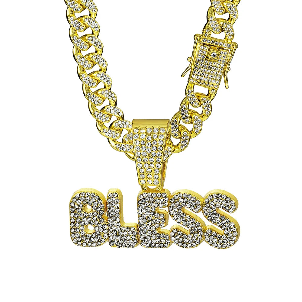 Hip Hop Letter BLESS Pendant Necklace for Women Men Shiny Rhinestones 13MM Cuban Chain Crystal Necklaces Fashion Jewelry Gifts