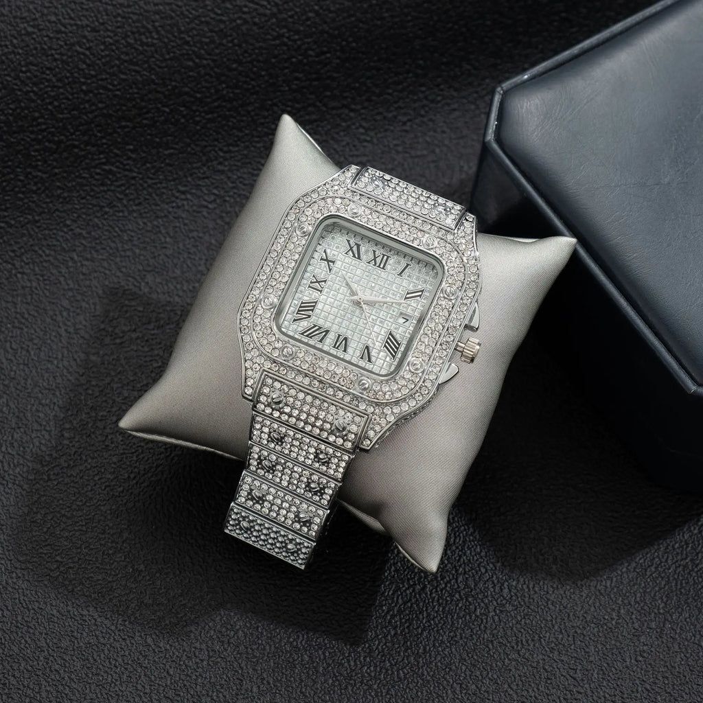 Men's Business Square Starry Sky Steel Belt Diamond-Inlaid European American Roman Fashion Quartz Wristwatch Gift