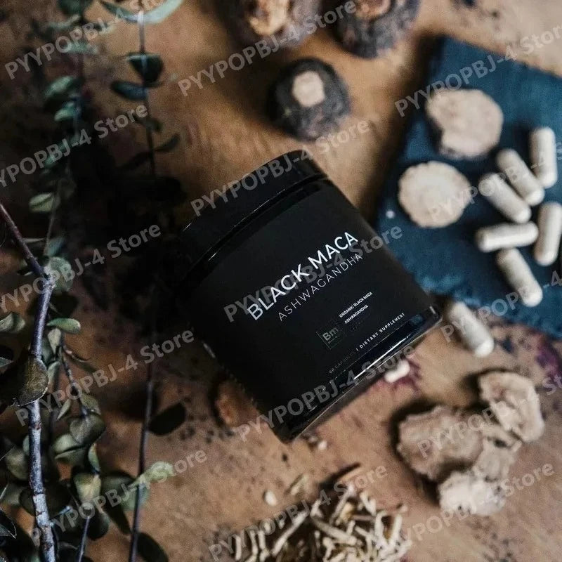 Black Maca Root Extract with Ashwagandha 60 Capsules Herbal Adaptogen Supplement for Men Women Energy Mood Stress Support