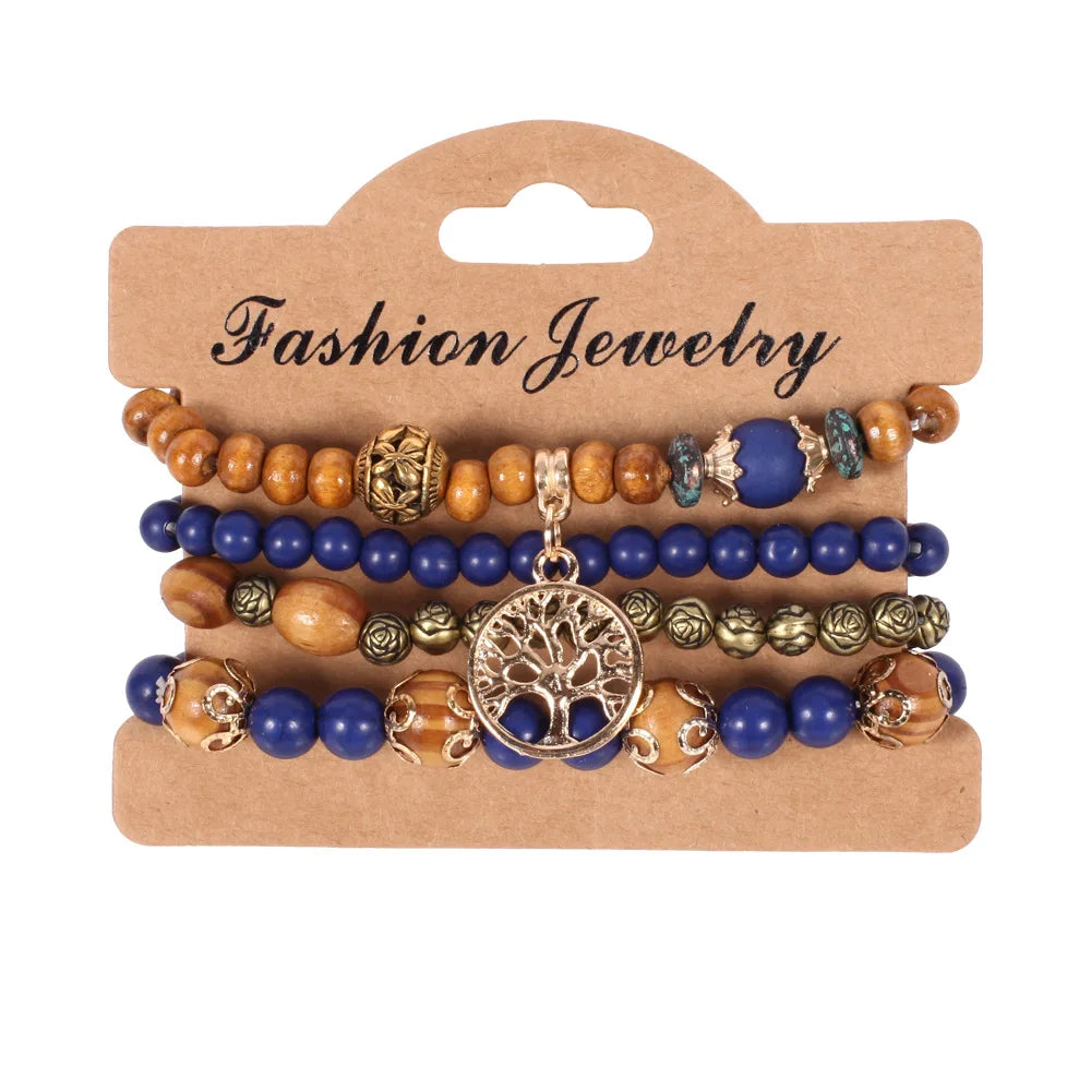 4Pcs/set Bohemia Wood Beads Chain Bracelet Set For Women Tree Of Life Charm Rose Flower Handmade Bangle Girls Boho Jewelry