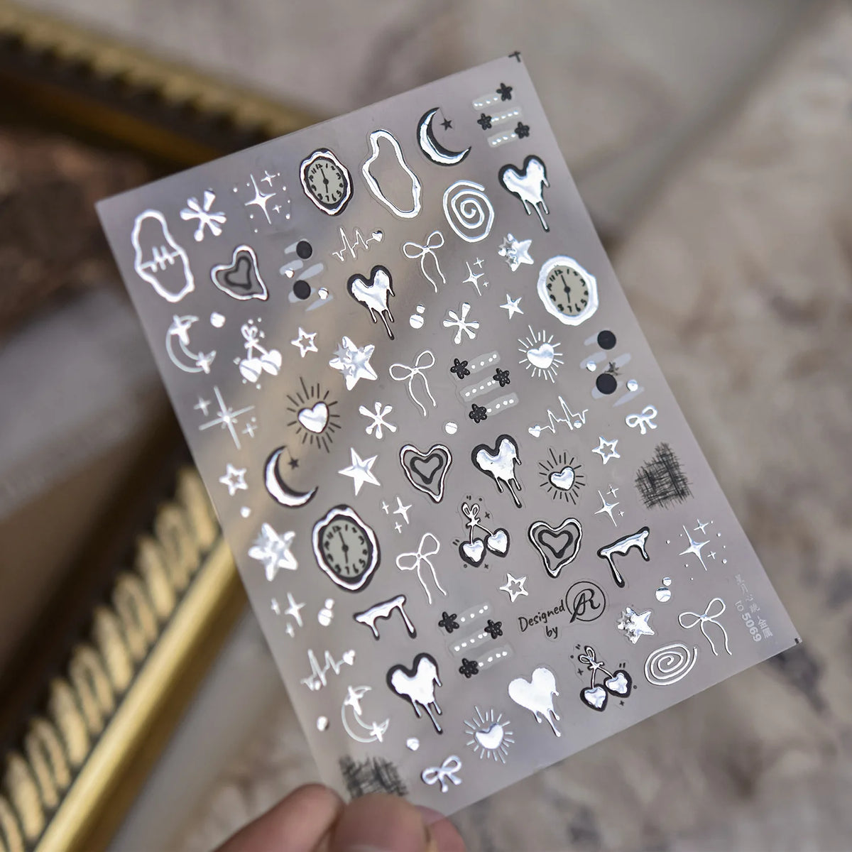 5D Nail Stickers Cute Stars Bow Nail Art Stickers Silver Metallic Metal Graffiti Gray Y2K Symbol DIY Nail 3D Decorations Decals