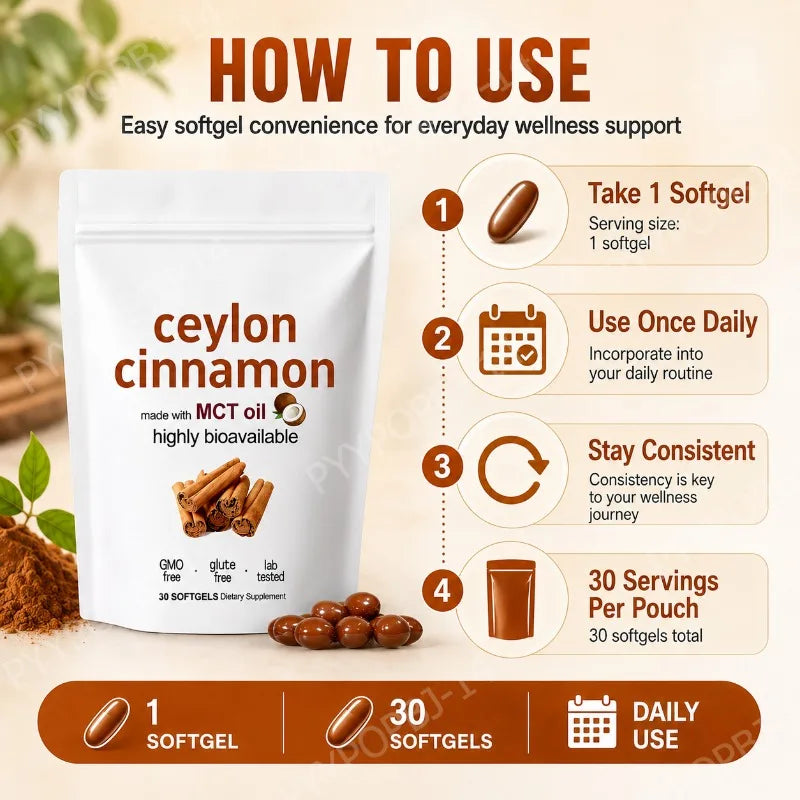 Ceylon Cinnamon Softgels with MCT Oil Daily Wellness Support Highly Bioavailable 30 Softgels