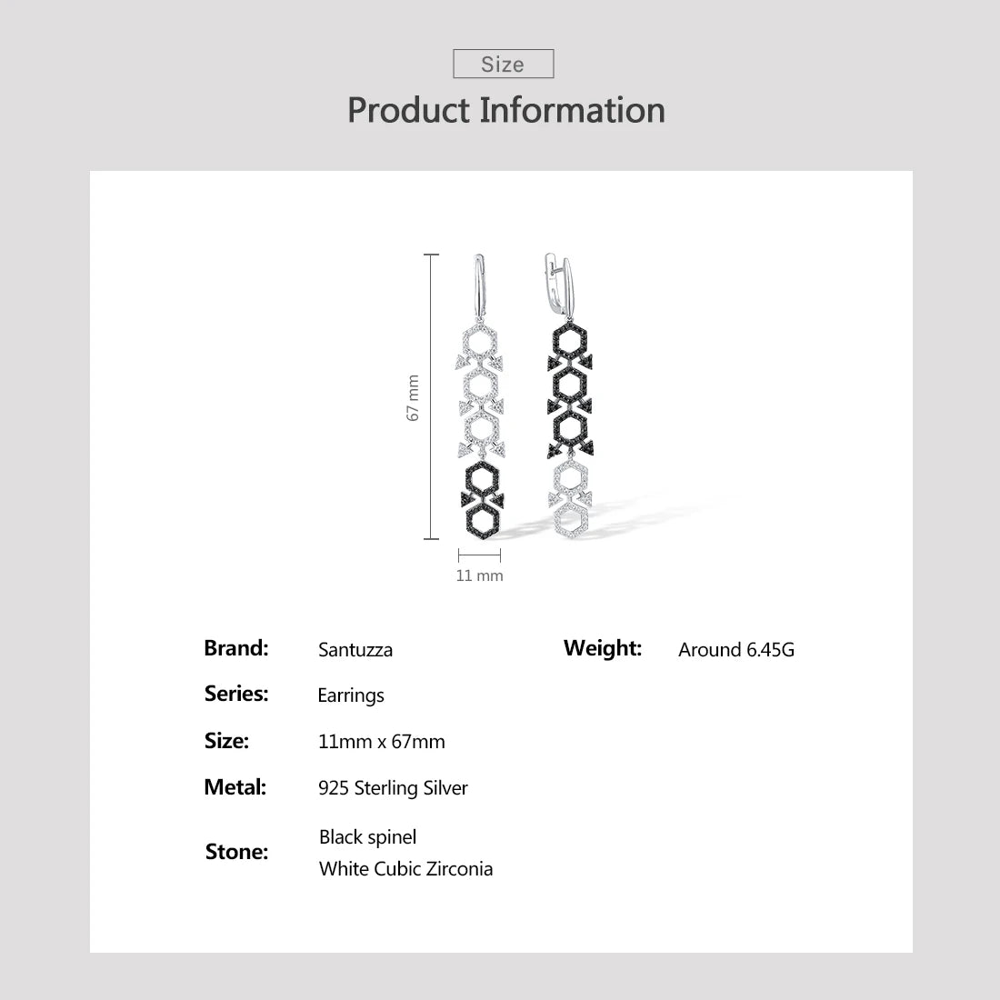 SANTUZZA Pure 925 Sterling Silver Earrings For Women Sparkling White CZ Black Spinel Geometric Long Dangling Fine Trend Jewelry