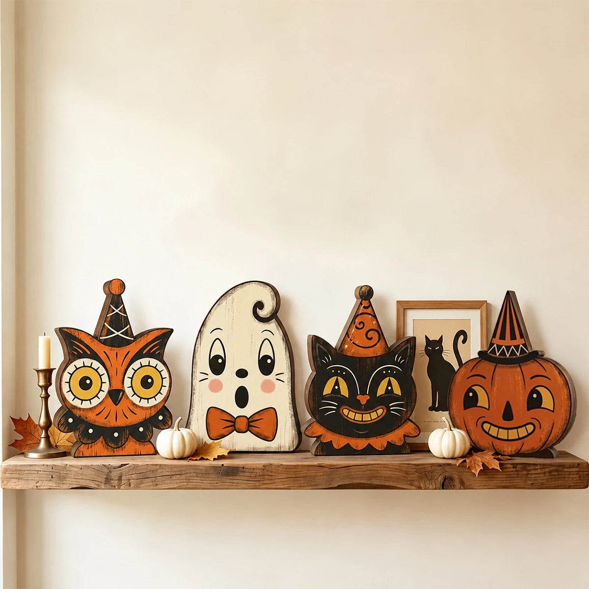 1/6pc Halloween Decor Indoor Retro Wooden Block for Shelf Decoration,Cute Ghost,Pumpkin,Black,Cat,Skeleton,Owl,Housewarming Gift