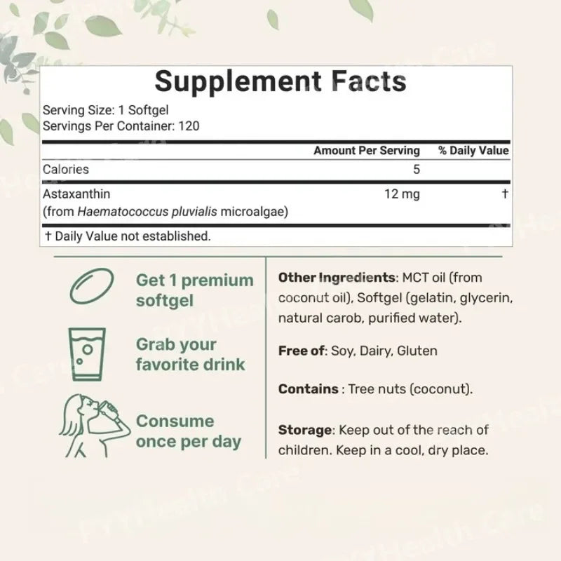 Astaxanthin Softgels 12mg with MCT Coconut Oil from Haematococcus Pluvialis Microalgae Daily Wellness Supplement 120 Count