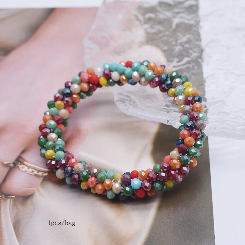 Mixed Color Trendy Glass Bead Bracelet Elastic Handmade Strand Bracelets for Women Gift New Hair Accessory Glass Beads Bracelet