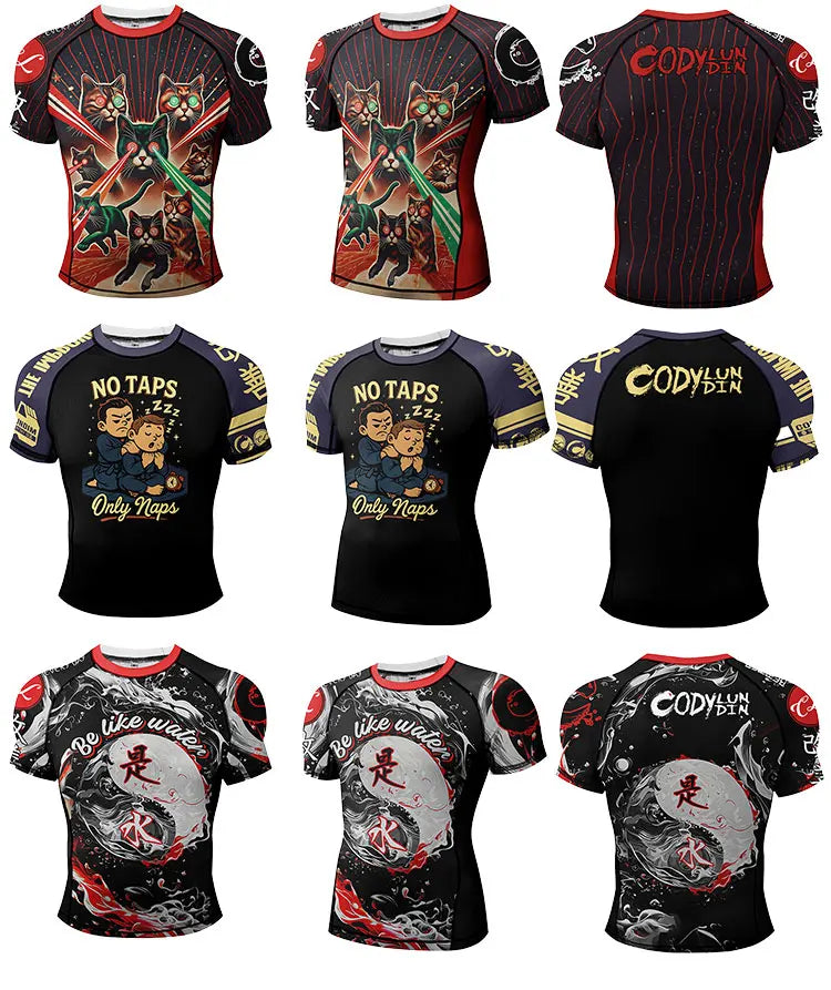 New No Gi BJJ Shirts Jiu Jitsu Kickboxing Training Rashguard With Hem Rubber Polyester Spandex Compression Sports Gym Blouses