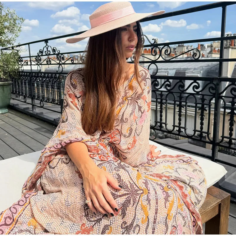 Women's V-Neck Vintage Vine Print Batwing Sleeve Maxi Dress Drawstring Waist Loose Flare Long Dress Mesh Texture Beach Vacation