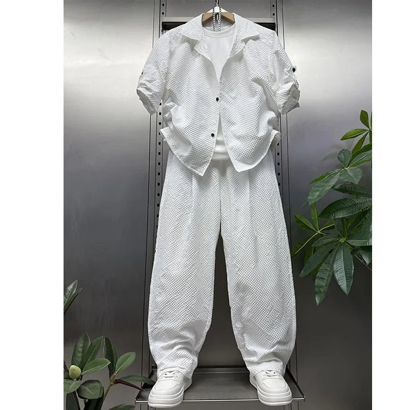 2026 Summer Men's Seersucker 2 Piece Set Short Sleeve Shirt & Pants Casual Loose Fit Breathable Co-ord Suit for Vacation