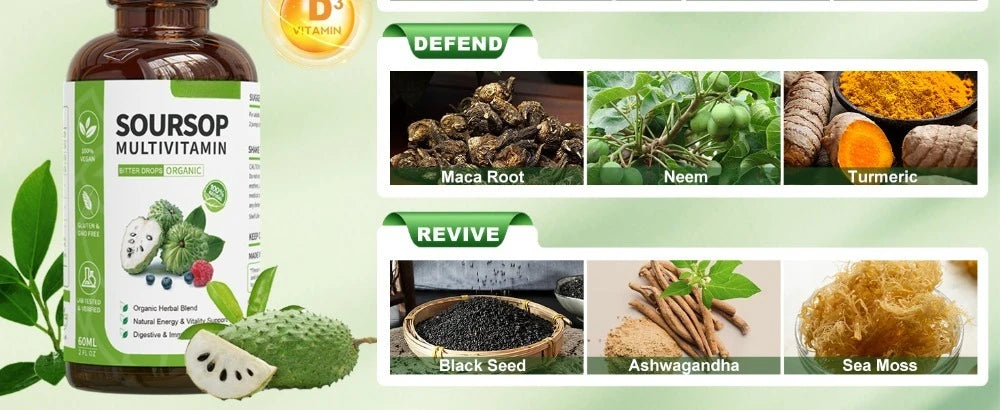 Soursop Liquid Drops Herbal Extract Plant Based Supplement with Soursop Fruit and Leaf Blend Daily Wellness Formula Vegan
