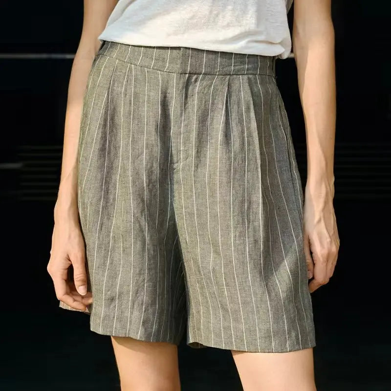 100% Linen Retro Striped Shorts For Women Summer New Loose High Waisted Straight Leg Pants Commuting Casual Girl Shorts