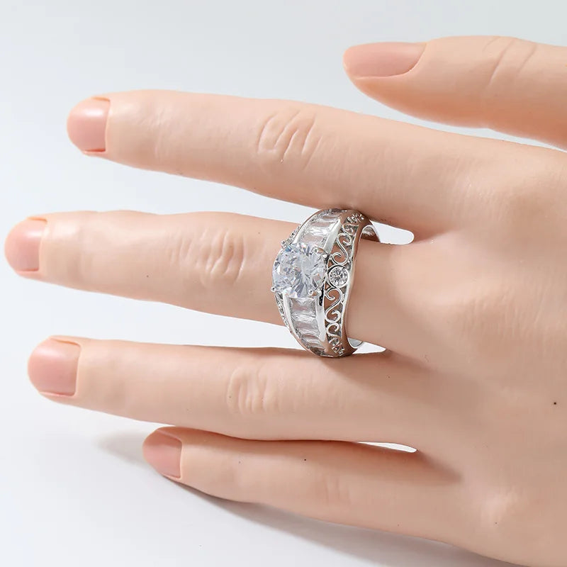 Aesthetic Inlaid White CZ Women's Ring Trendy Silver Color Hand Carving Daily Wear Party Jewelry Anniversary Gift
