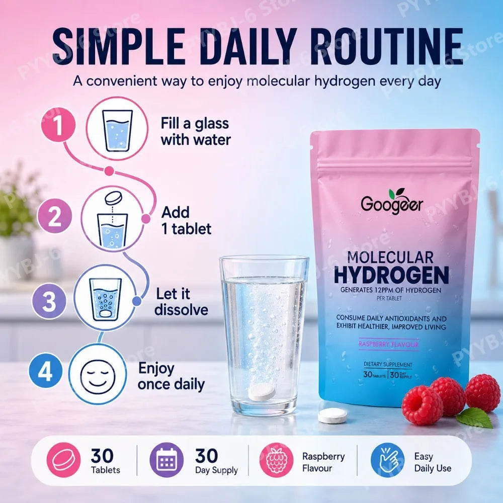 Molecular Hydrogen Tablets 12PPM Raspberry Flavor Magnesium Effervescent Supplement Antioxidant Daily Wellness Support 30Tablets