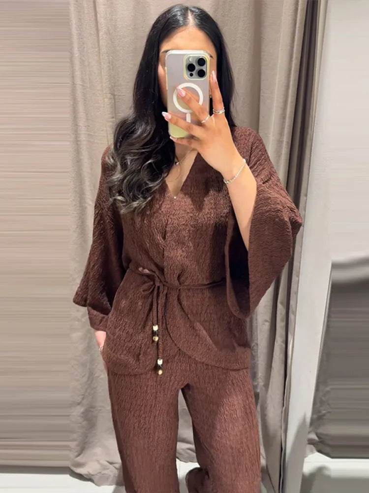 Tie Front Textured Women's Set V-Neck Loose Set Wide Sleeve Drawstring Pants Casual Lounge Solid Color 2 Piece Outfits For Daily