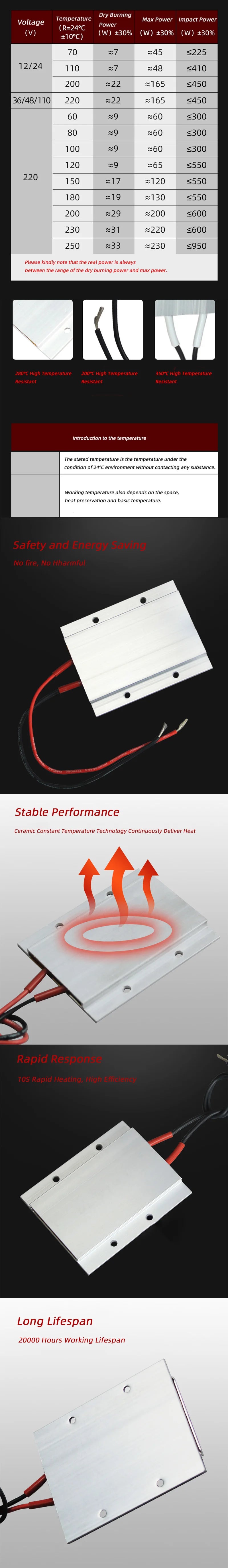 220V PTC Heating Element 100x21x5mm Constant Temperature Aluminum Heater Plate 60/80/100/120/150 Degrees
