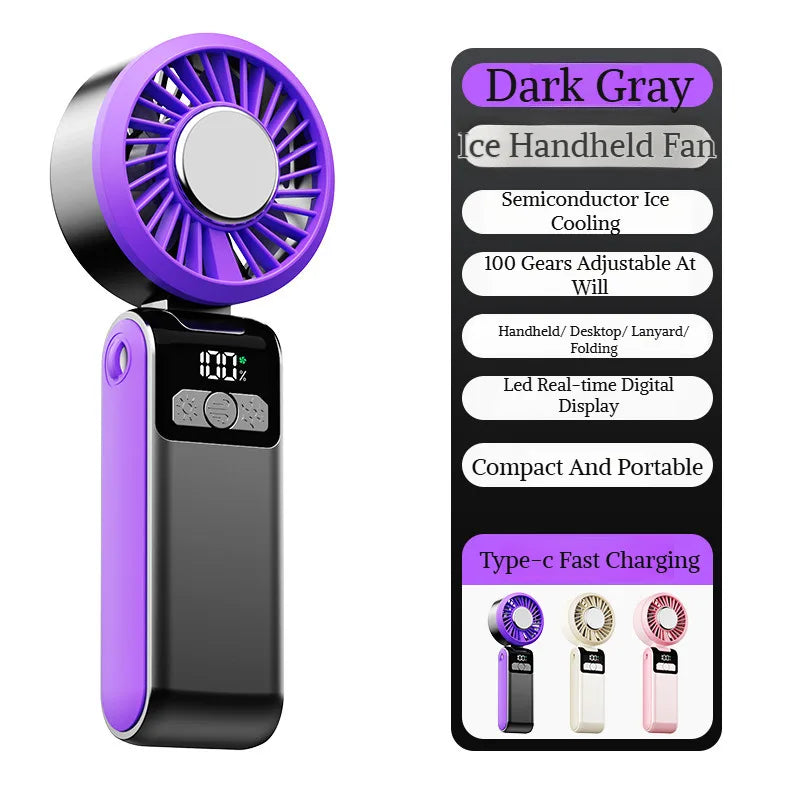 Handheld Folding Semiconductor Digital Display Desktop Fan Cooling Superconductor Ice Compress Handheld Fan One-Button Outdoor