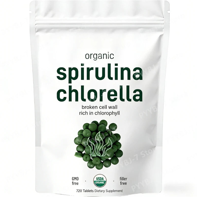 Spirulina Chlorella Tablets Organic Superfood 720 Count Vegan Plant Based Green Algae Nutritional Supplement Chlorophyll Source