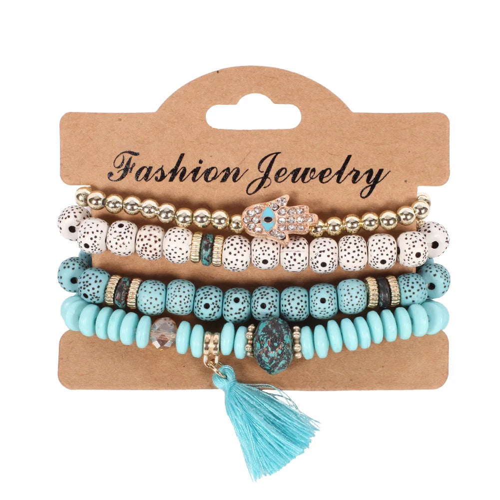 4Pcs/set Bohemia Wood Beads Chain Bracelet Set For Women Tree Of Life Charm Rose Flower Handmade Bangle Girls Boho Jewelry