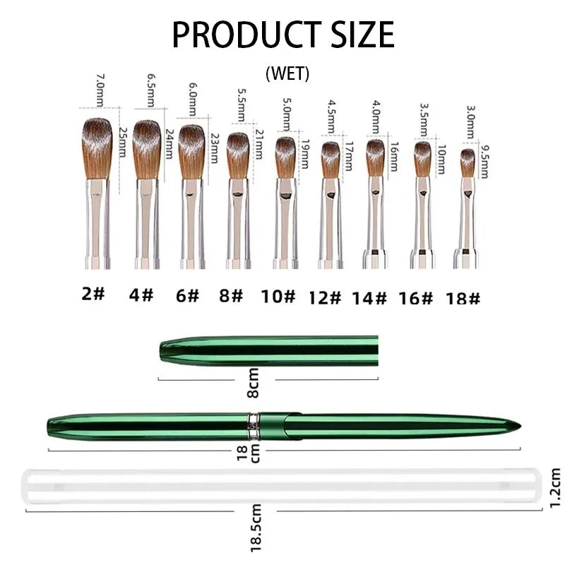 100% Kolinsky Acrylic Nail Brush 1Pcs Green Crimped Metal Handle Drawing Brush for Acrylic Powder Size 2-18