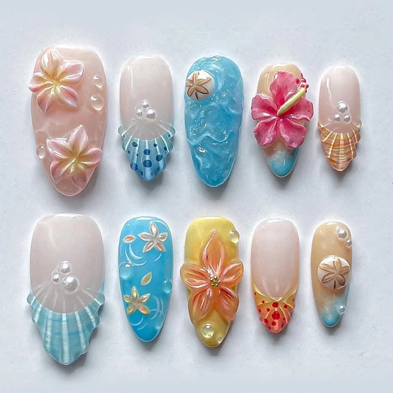 24Pcs Mid-length French Almond Press on Nails Tips 3D Flower Starfish French Fake Nails White Gradient Wearable False Nails Art
