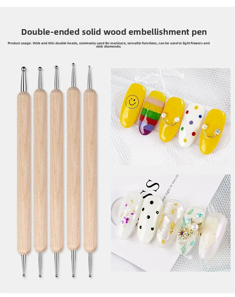 Dual-End Wooden Dotting Pen Marbleizing Tool Set for Nail Design Manicure Painting Kit 5pcs