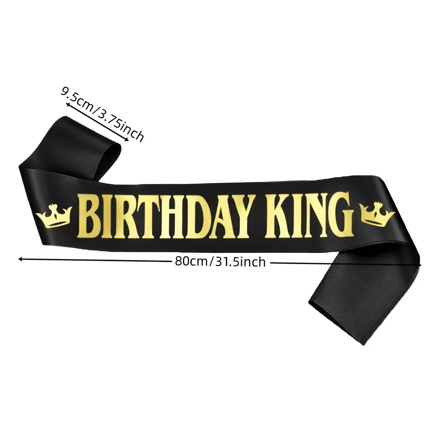 1pc Gold Foil Black Satin Birthday King Sash Banner, Men & Boys Happy Birthday Fun Party Decor Accessory Supplies Favor Gift