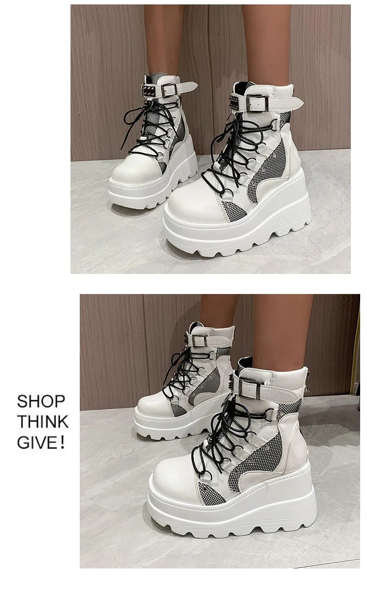 2025 New Design Women Punk Gothic Motorcycle Boots Platform Chunky High Heel Ankle Boot Ladies Cool Wedge Black Female Shoes