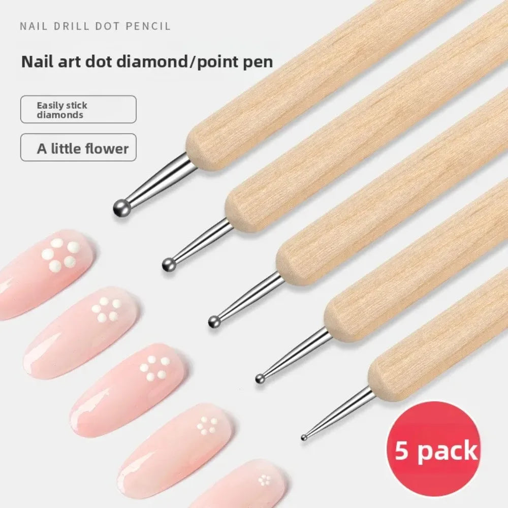 Dual-End Wooden Dotting Pen Marbleizing Tool Set for Nail Design Manicure Painting Kit 5pcs