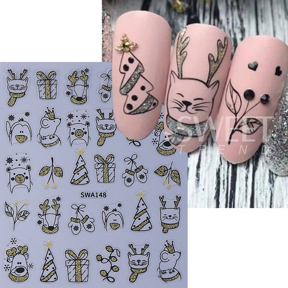 2/4pcs Cartoon Christmas Nail Stickers Glitter Gold Silver Reindeer Cat Snowflake Xmas Tree Adhesive Decals DIY Manicure Decor