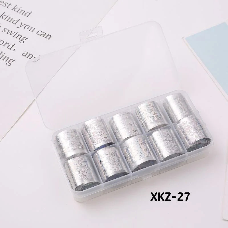 10 Rolls/ Box Charm Nail Foils Polish Stickers Metal Color Starry Paper Transfer Foil Wraps Adhesive Decals Nail Art Decorations