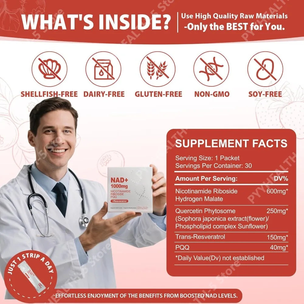 1000mg High-Potency NAD+ Liquid Supplement, with Resveratrol PQQ, Support Cellular Energy, Focus 30 PCS