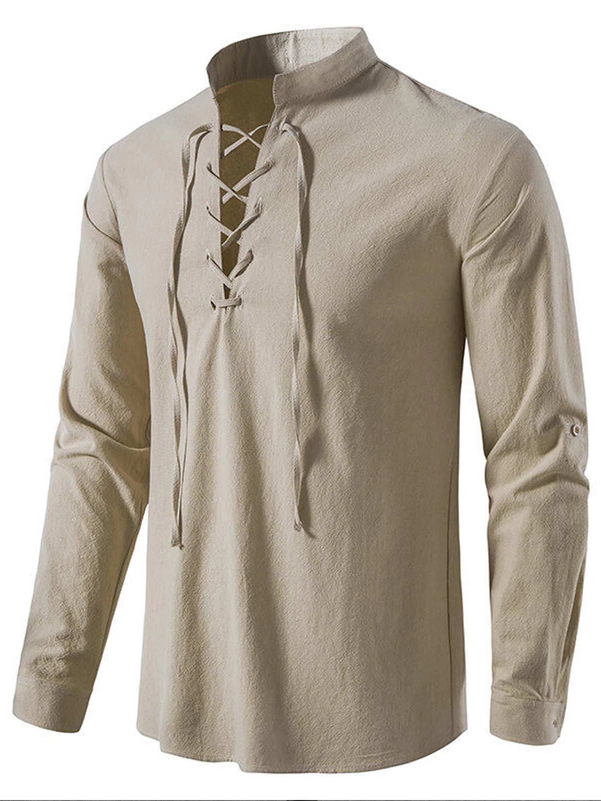 Men's Casual Henley Shirt Stand Collar Long Sleeve with Drawstring Cuffs Casual Henley Collar Shirt
