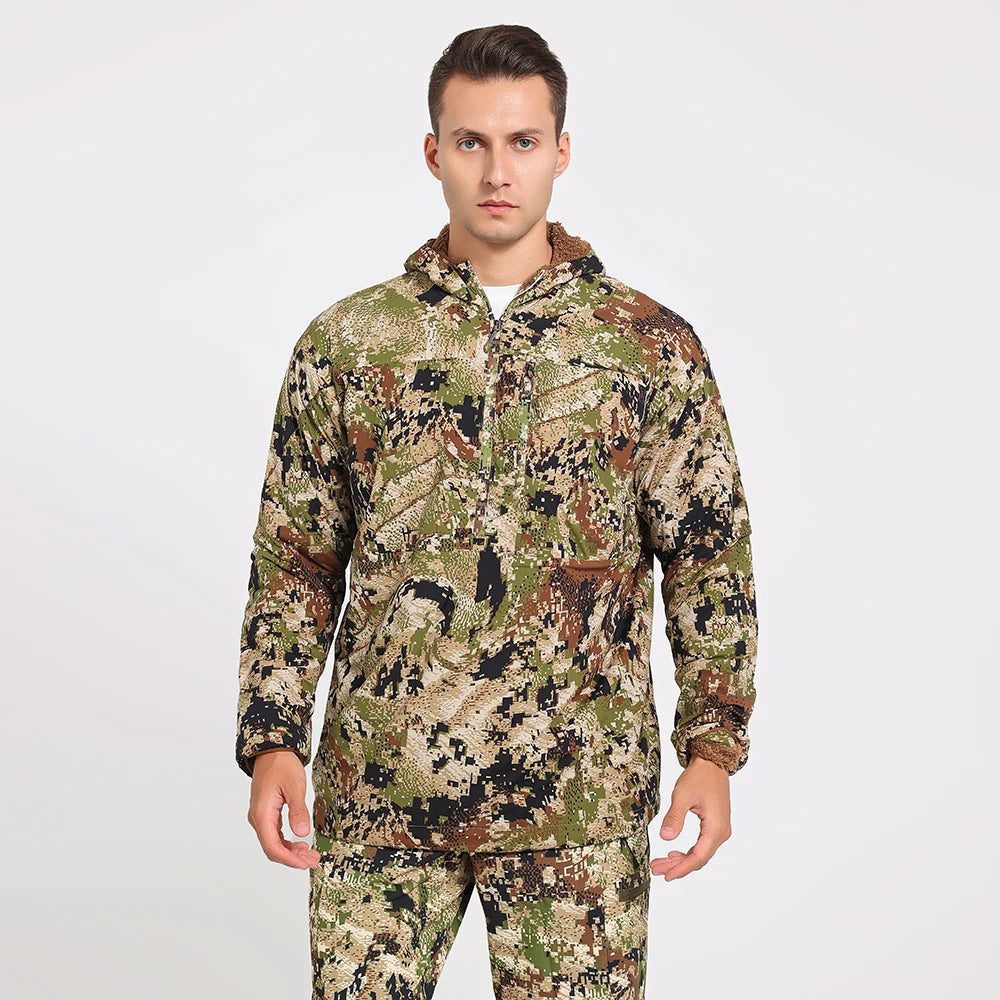 Men's Stretch Camouflage Jacket, Hunting Pullover, Light Nylon Fabric Printed Plush Lining Hoodie