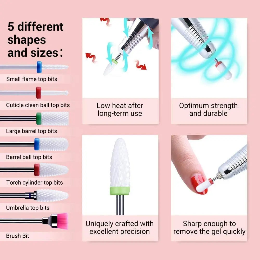 7 Pcs/Set Ceramic Milling Cutters  For Manicure Combined Nail Drill Bits Kit Removing Gel Polishing Tools