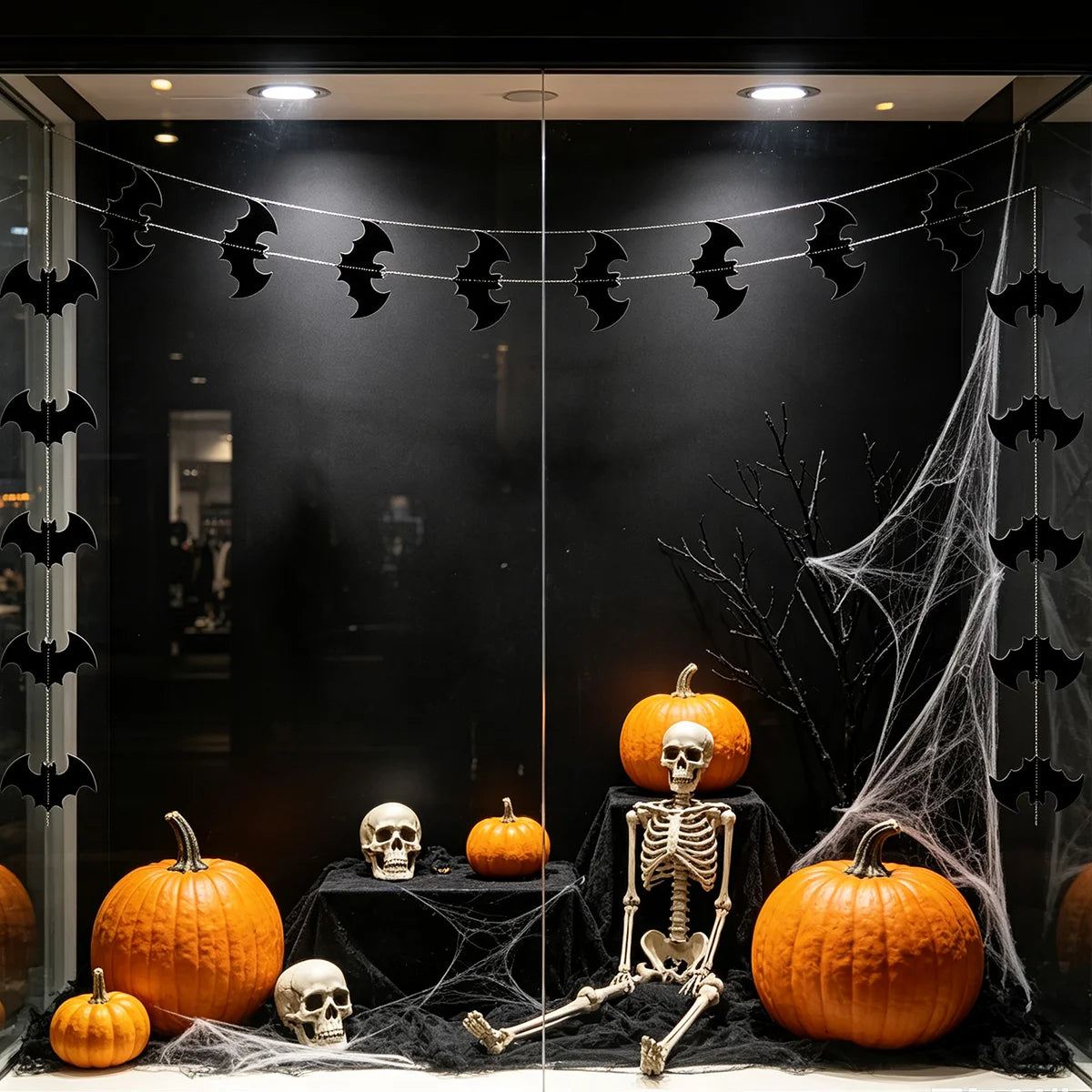 2-meter Halloween Bat Skeleton Cutout Paper Streamer Dark Style Hanging Decor Party Wall Atmosphere Fabric Hanging Decoration