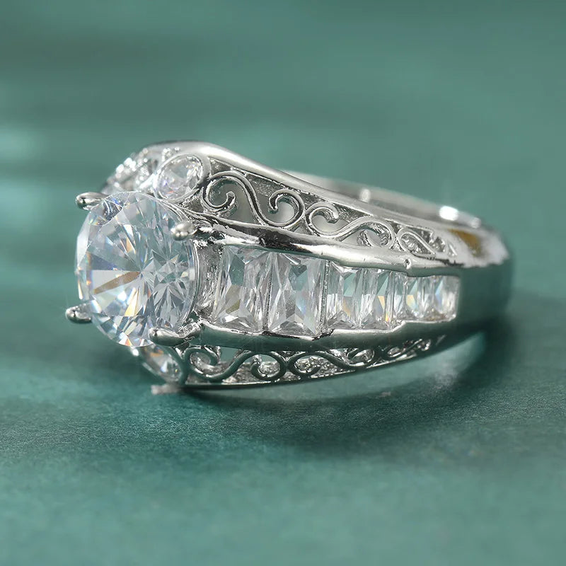 Aesthetic Inlaid White CZ Women's Ring Trendy Silver Color Hand Carving Daily Wear Party Jewelry Anniversary Gift