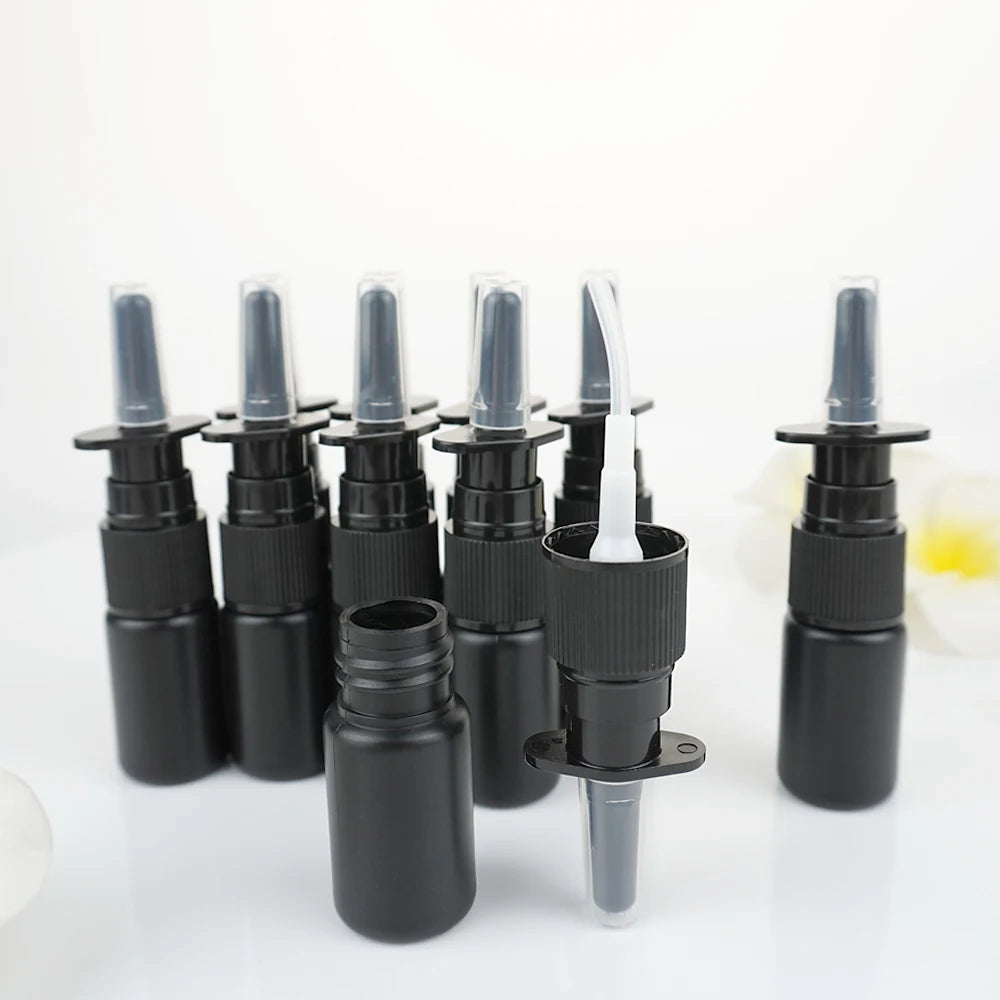 100/200pcs 10ml HDPE Black Empty Nasal Spray Bottle Pump Sprayer Mist Nose Spray Bottle Portable Refillable Bottling Packaging