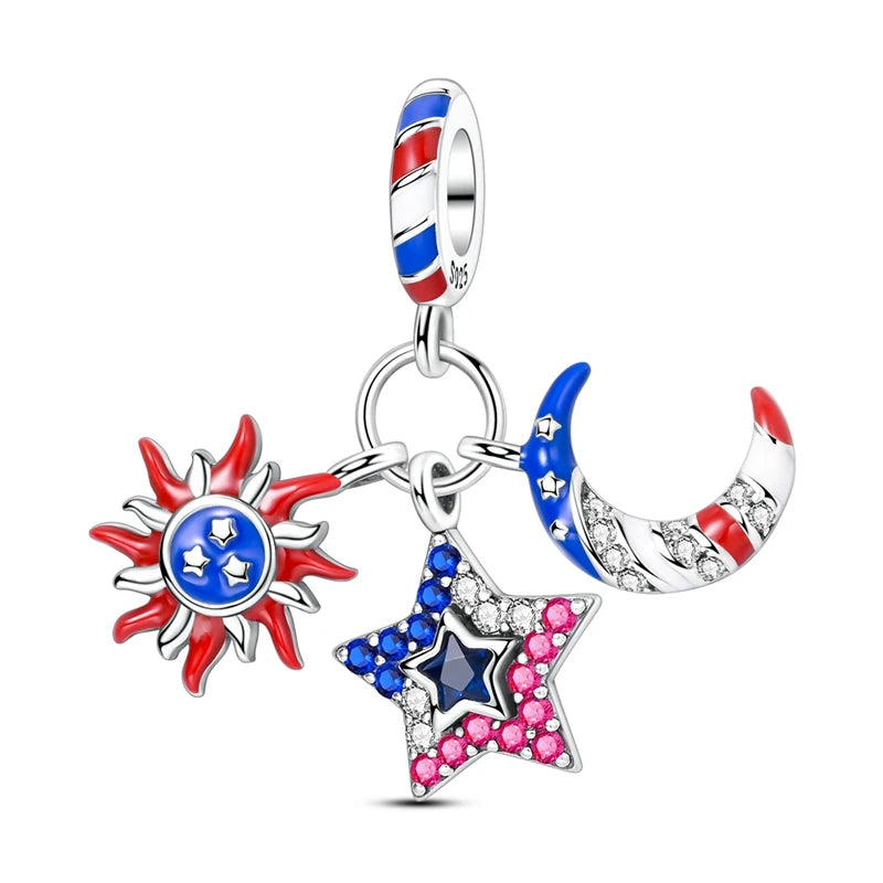 Original 925 Sterling Silver Charms Bead American Flag Independence Day Pendant Fit Original Bracelet For Women DIY Jewelry Gift