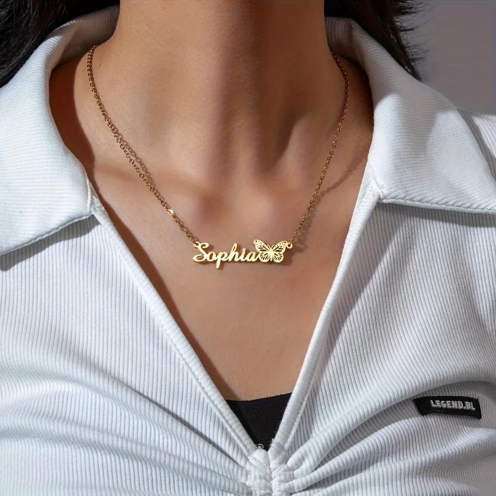 Custom Name Butterfly Women's Necklace Simple Charming Stainless Steel Jewelry  letter Design Personalized Mother's Day Gift