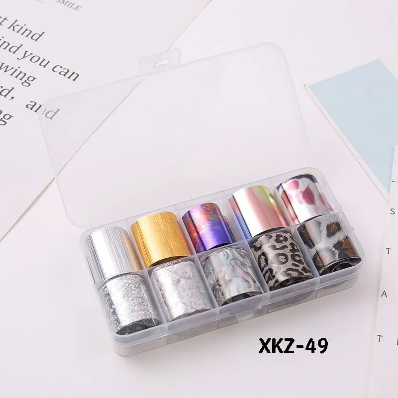 10 Rolls/ Box Charm Nail Foils Polish Stickers Metal Color Starry Paper Transfer Foil Wraps Adhesive Decals Nail Art Decorations