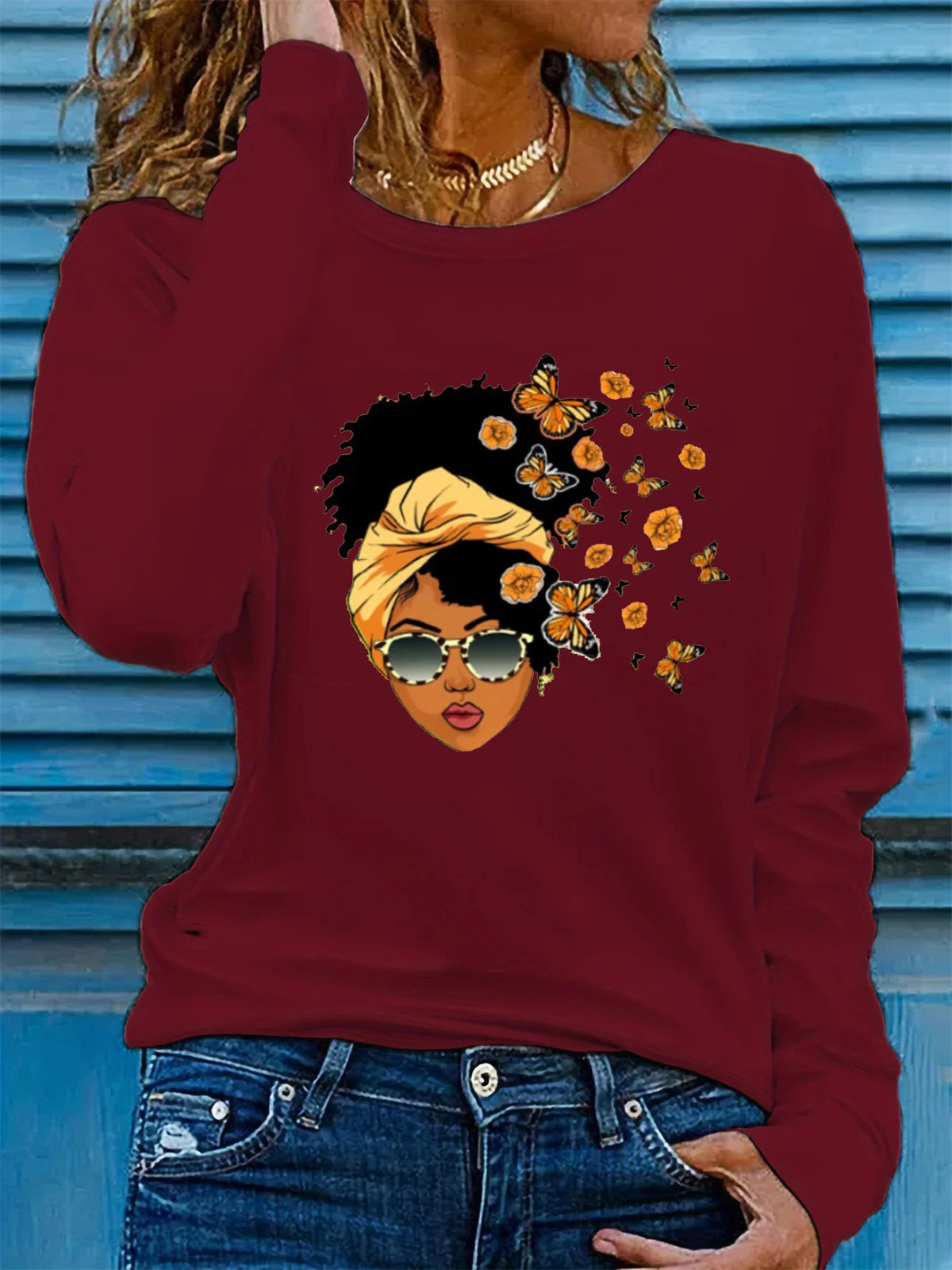 100% pure cotton women's spring and autumn casual fashion long sleeved butterfly and portrait graphic printed round neck T-shirt