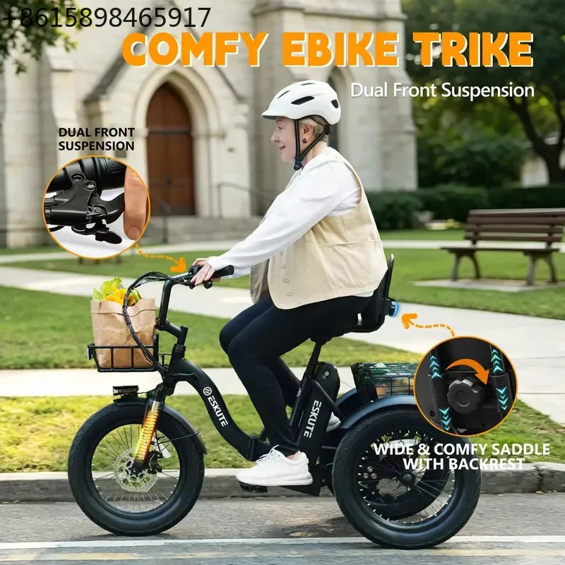 ESKUTE T300 E Trike Electric Bike, Peak 1200W Brushless Motor Folding Trike 18X3.0 Tire Ebike, 624Wh Removable Battery,