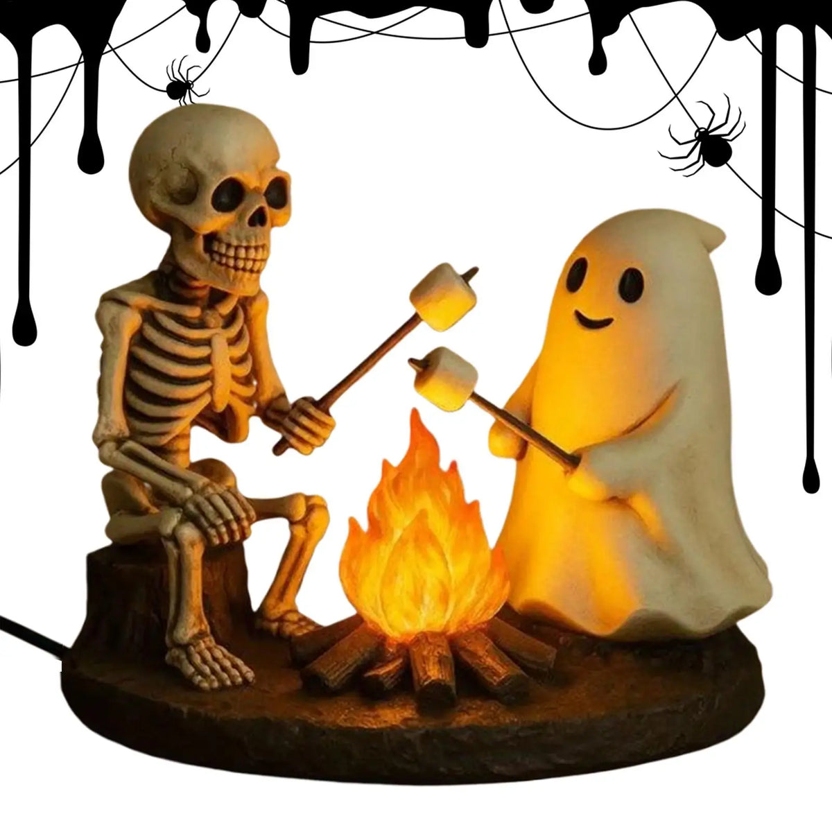 Halloween Skeleton & Ghost Bonfire Night Lamp, Flickering Campfire Nightlight, Spooky Indoor Tabletop Home Decoration Ornament