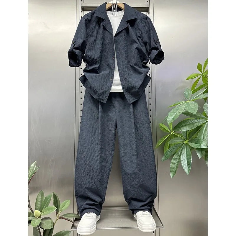 2026 Summer Men's Seersucker 2 Piece Set Short Sleeve Shirt & Pants Casual Loose Fit Breathable Co-ord Suit for Vacation