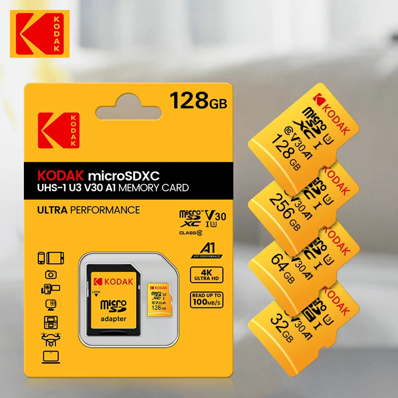 100% Original KODAK Micro SD Card 32GB 64GB 128GB 95MB/s Class10 U3 UHS-I TF Card 4K HD for USB Card Reader Adapter 256GB Micro