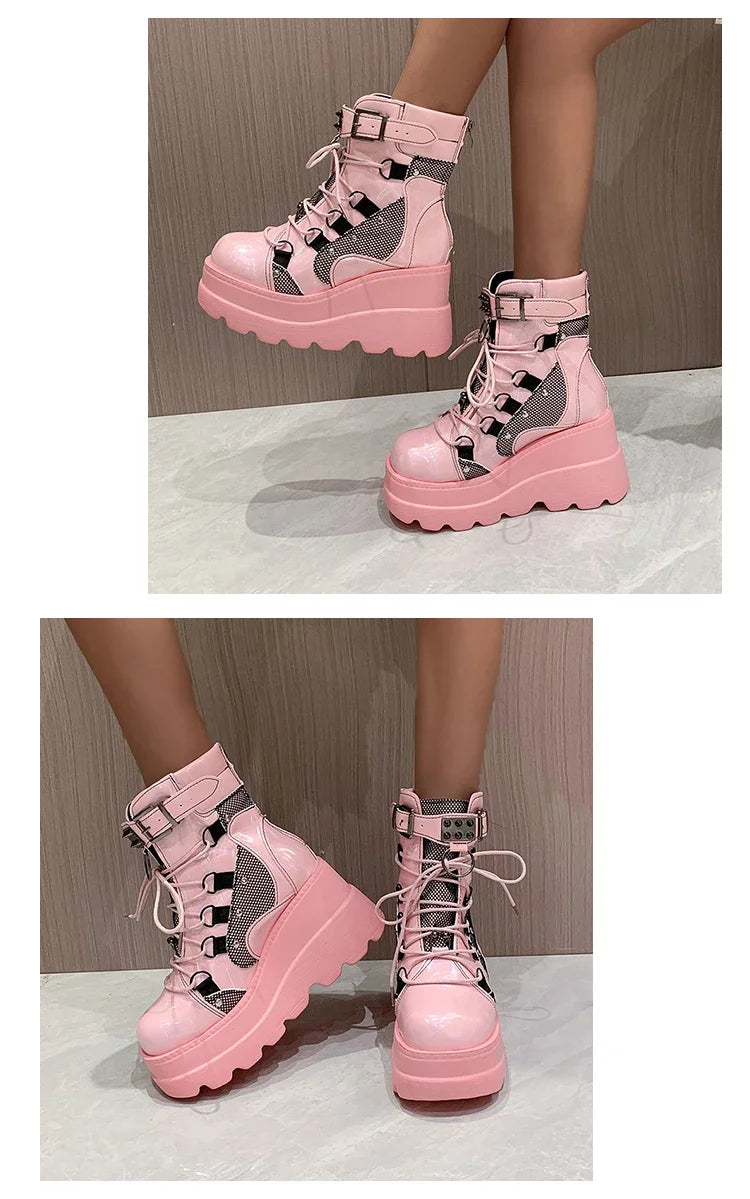 2025 New Design Women Punk Gothic Motorcycle Boots Platform Chunky High Heel Ankle Boot Ladies Cool Wedge Black Female Shoes