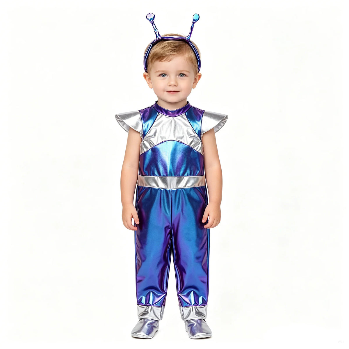 Little Boys Girls Halloween Theme Party Metallic Shiny Alien Rompers Space Robot Astronaut Dress Up Jumpsuit Photography Costume